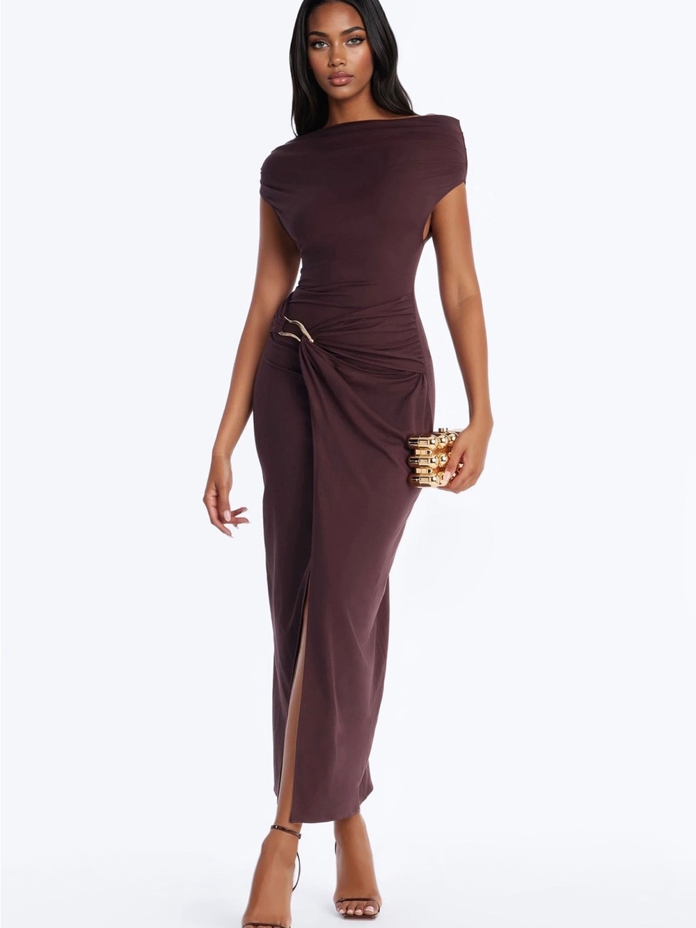 Fashion Nova Chocolate Brown One-Shoulder Twist Maxi Dress